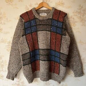Vintage 80s Heritage Irish Donegal Intarsia Windowpane Wool Sweater | Size 40